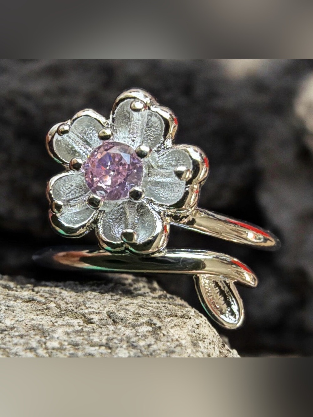 925 Sterling Silver Pink CZ Cherry Blossom Adjustable Ring NEW